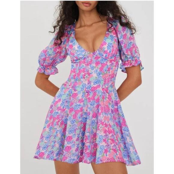 For Love & Lemons Angie Mini Dress Womens L Blue Pink Floral Corset Puff Sleeve - Picture 2 of 16